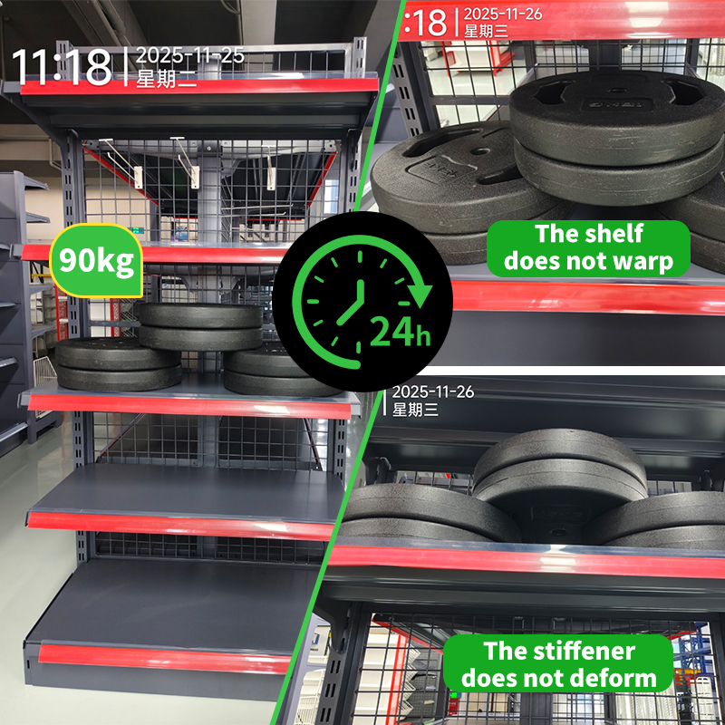 Supermarket shelving load capacity test showing heavy weight placed on retail shelf