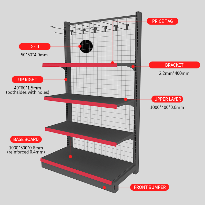 Supermarket shelving structure and load capacity components including upright brackets shelf boards and base