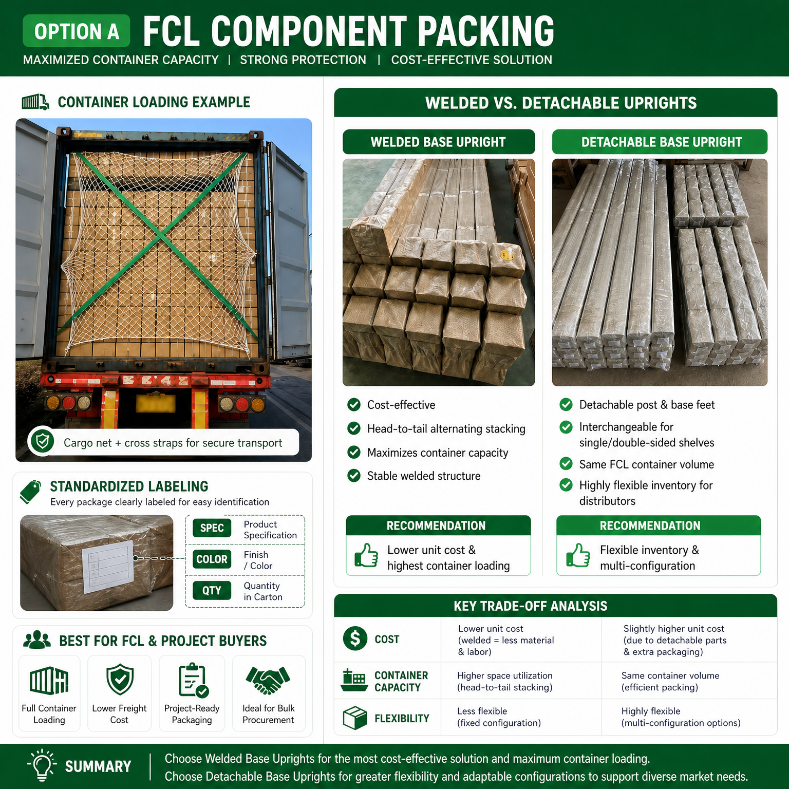 XINGYE FCL retail shelving component packaging with welded and detachable-base uprights