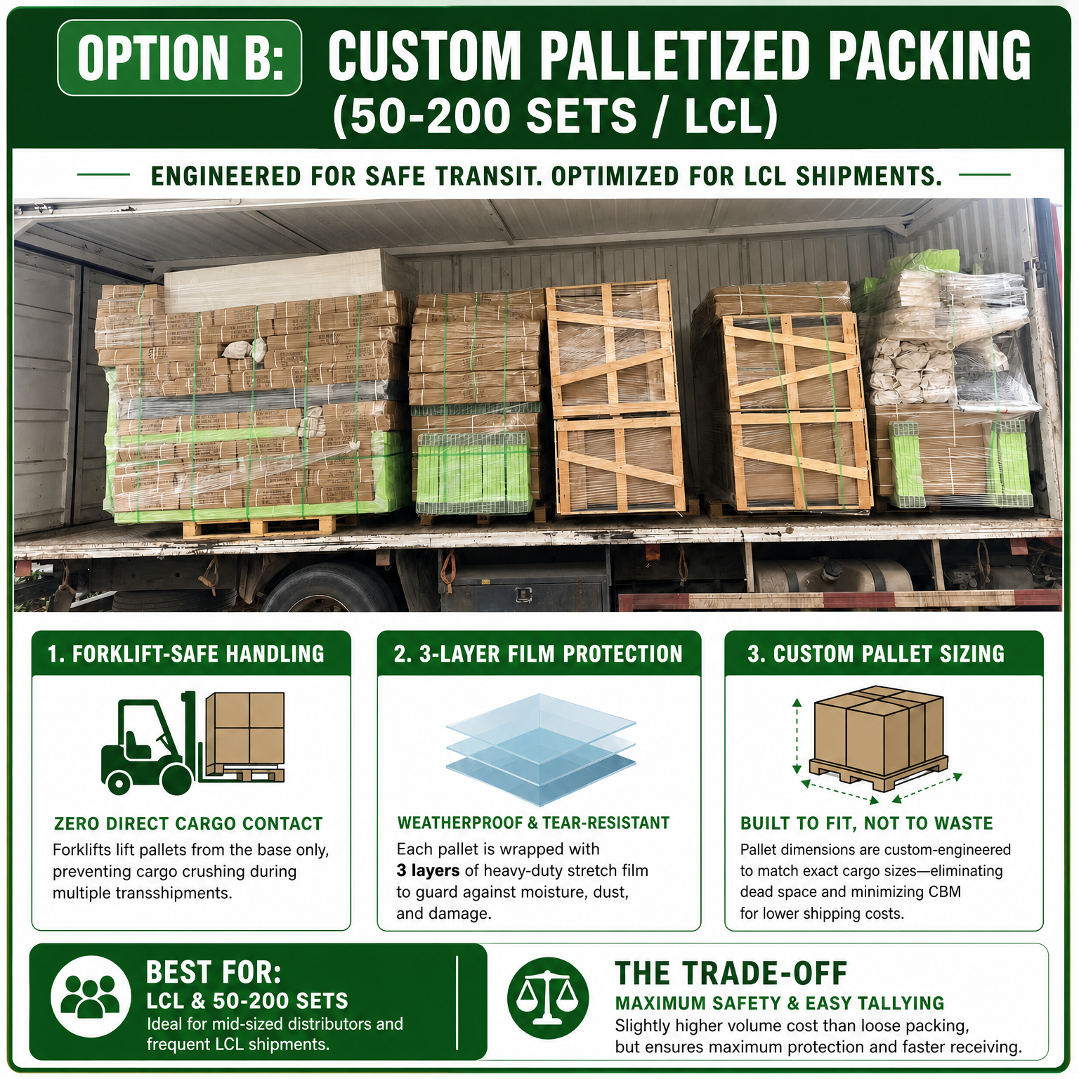 XINGYE palletized retail shelving packaging with custom-sized pallets and three layers of stretch film for LCL shipments